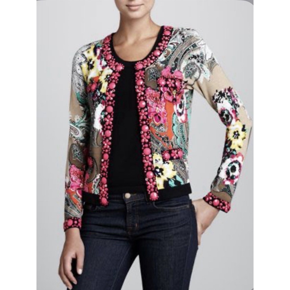 Michael Simon Cardigan Jacket M Paisley Floral Cabochon Embellished Artsy
